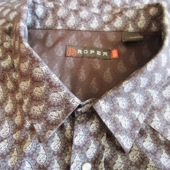 Roper Men's Western Long Sleeve Brown Paisley 5XLT Pearl Button Shirt - Picture 4 of 5